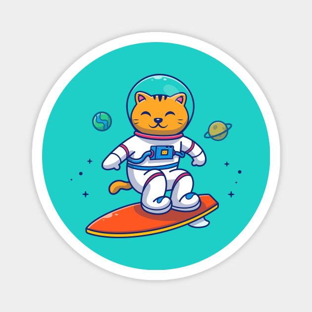 Cute Cat Astronaut Surfing In Space Cartoon Magnet by Catalyst Labs